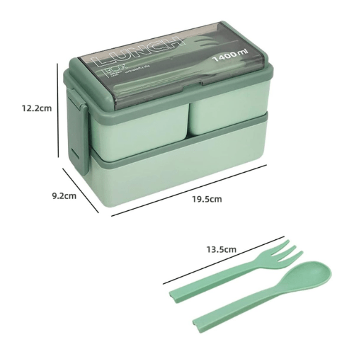 2 Layer 1400ml Lunch Box with Spoon and Fork - Mega Cart
