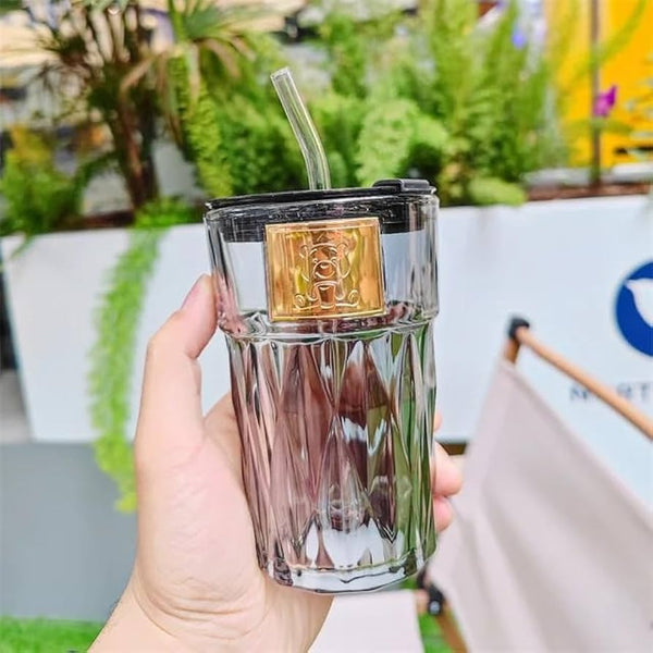 Cute Bear Glass Cup with Straw