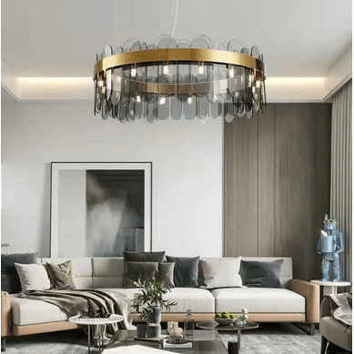 PrimeNest Aura Glass Halo Chandelier In Gold & Smoke Grey - Mega Cart