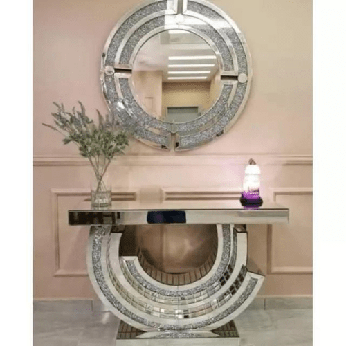 PrimeNest - Crushed Diamond Luxe Console & Mirror Set - Mega Cart