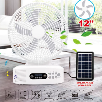 Solar-Powered Rechargeable Fan with Bluetooth Speaker & LED Light - Mega Cart