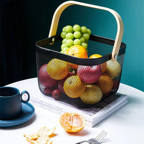 Versatile Mesh Storage Basket with Wooden Handle - Mega Cart