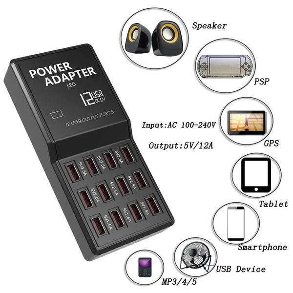 12-Port USB Charging Station with LED