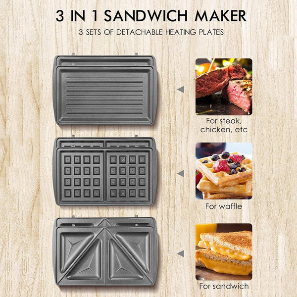 3-in-1 Non-stick Sandwich Maker with Removable Plates - Mega Cart