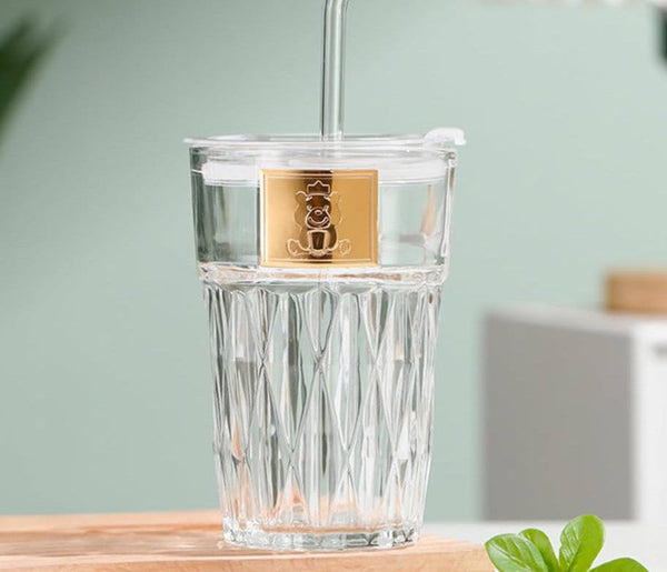 Cute Bear Glass Cup with Straw