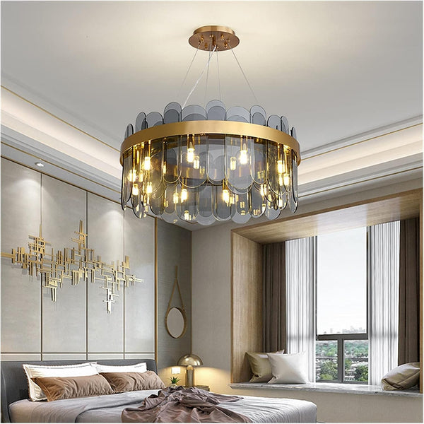 PrimeNest Aura Glass Halo Chandelier In Gold & Smoke Grey - Mega Cart
