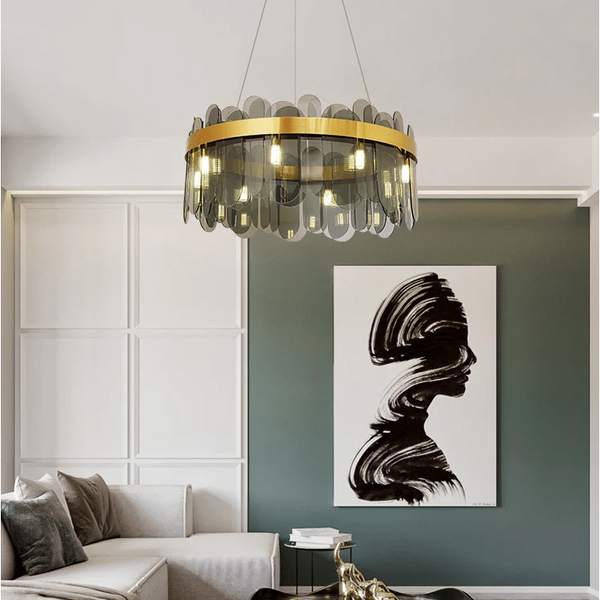 PrimeNest Aura Glass Halo Chandelier In Gold & Smoke Grey - Mega Cart