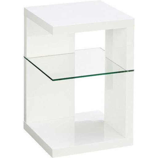 PrimeNest Modern High-Gloss White Side Table with Clear Glass Shelf - Mega Cart