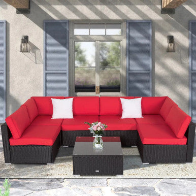 PrimeNest Sunvalley 7-Piece Corner Patio Set - Red Cushions - Mega Cart