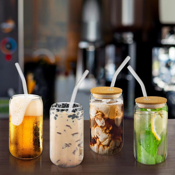 Set of 4 Drinking Glass Set with Bamboo Lids and Glass Straws - Mega Cart