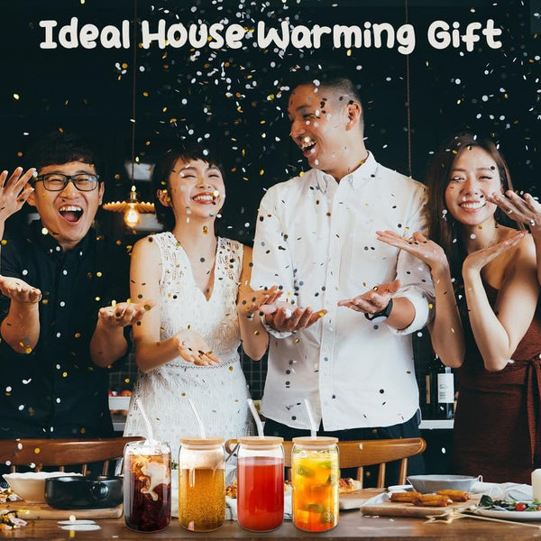 Set of 4 Drinking Glass Set with Bamboo Lids and Glass Straws - Mega Cart