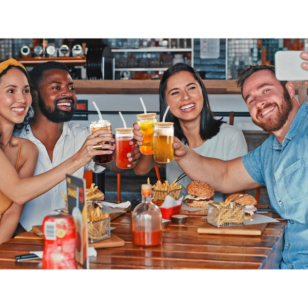 Set of 4 Drinking Glass Set with Bamboo Lids and Glass Straws - Mega Cart